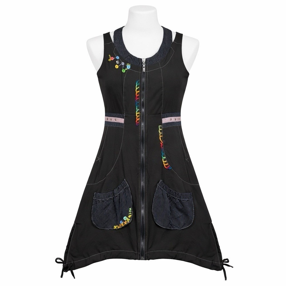 Boho Artsy Zip Front Dress Women Small Black Embellished Colorful Stitch Pockets